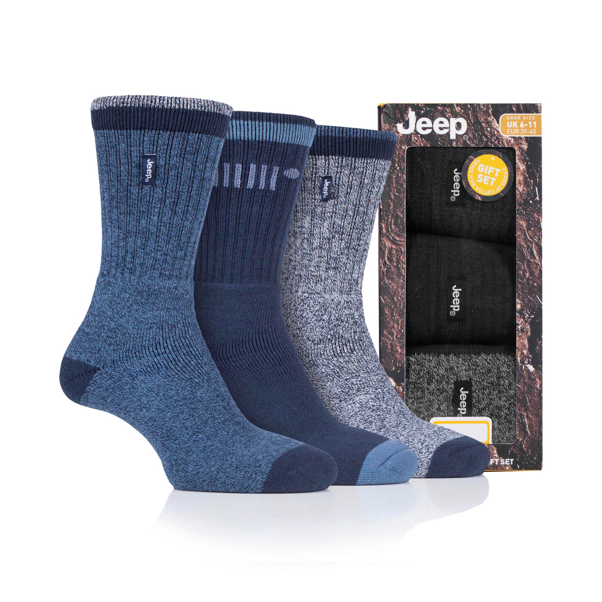 Men's 3 Pair Jeep Terrain Cotton Boot Socks Gift Box