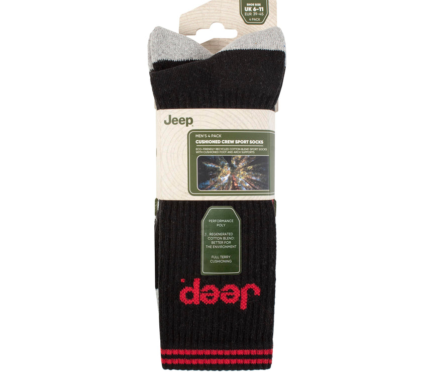 Men's 4 Pair Jeep Regenerated Cotton Crew Sports Socks